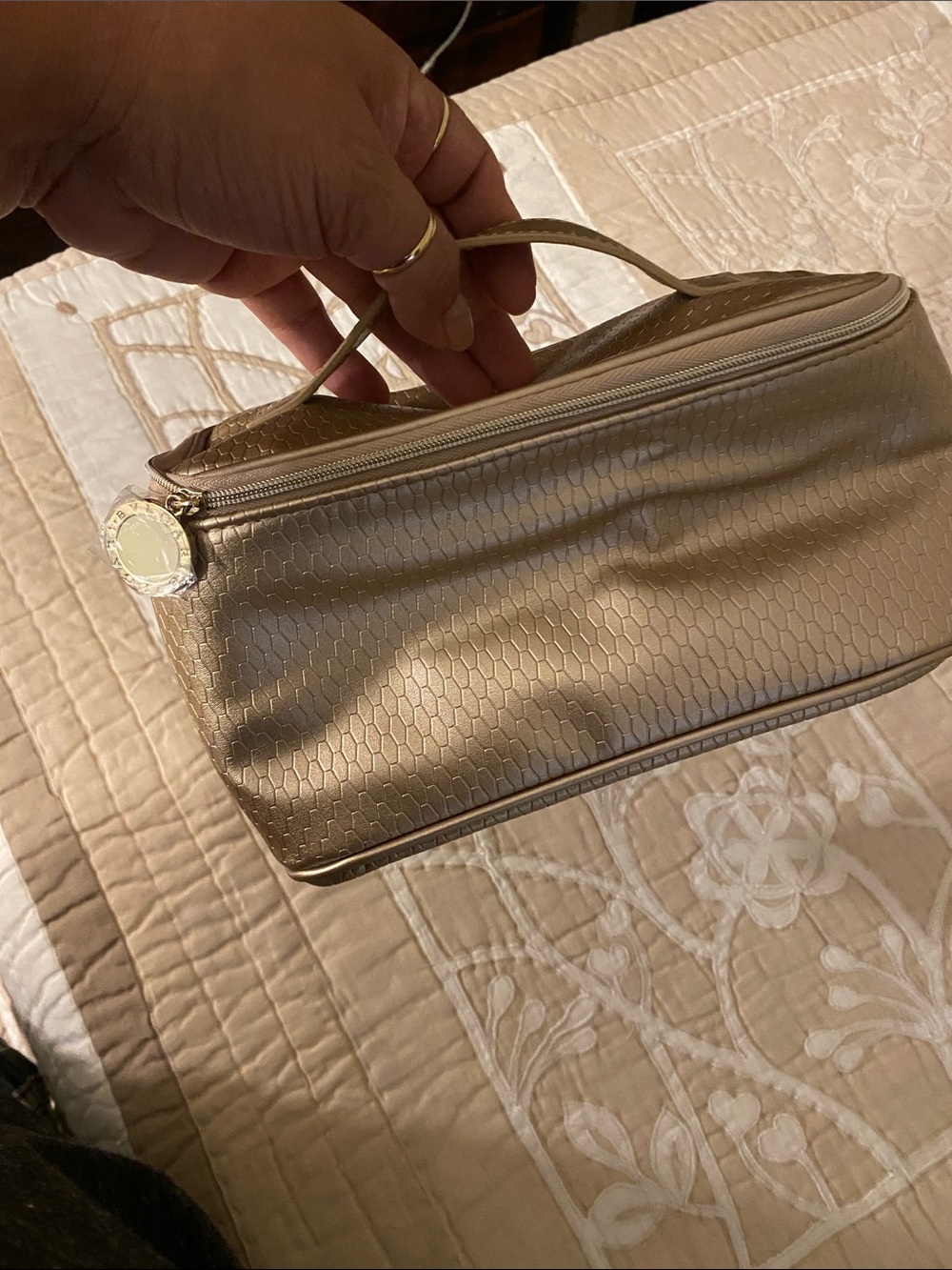 Bulgari Metallic Champagne Gold Textured Cosmetic Handle Bag